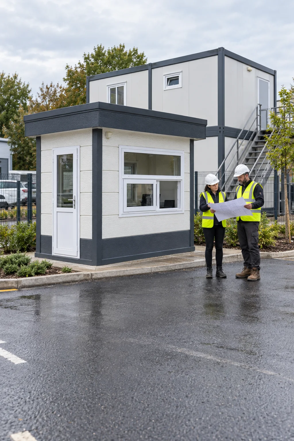 Illustration of engineers reviewing plans beside a Metro City security cabin and a two-storey modular office.