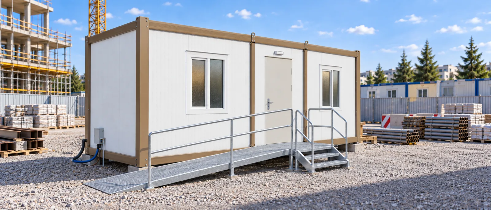 Portable welfare cabin with frosted windows, access ramp and steps on a construction site