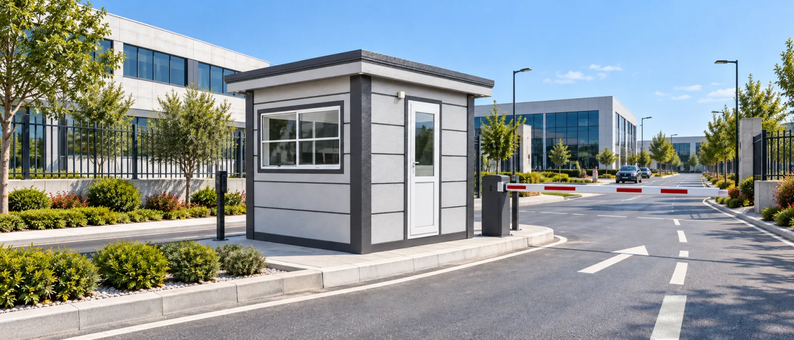 Grey security gatehouse cabin with a barrier arm at the vehicle entrance of a business park