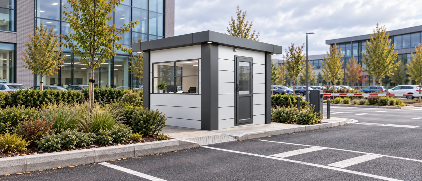 Composite reception cabin with a glazed desk window at a business campus car park entrance