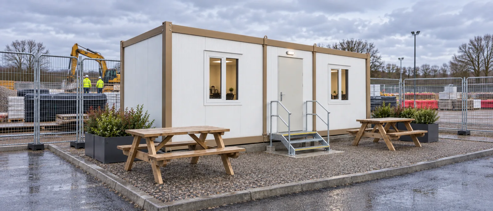 Portable cabin break room with picnic benches outside in a construction compound