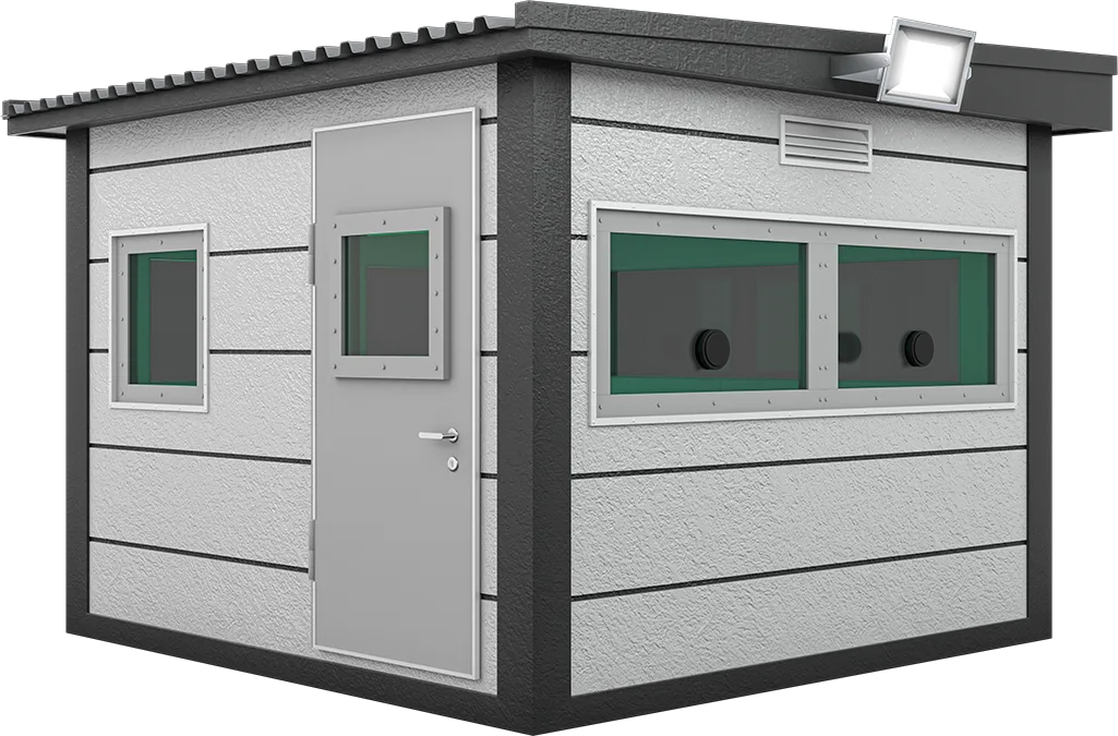 Bulletproof Security Cabin 10ft × 10ft (3.00m × 3.00m), three-quarter view from the left