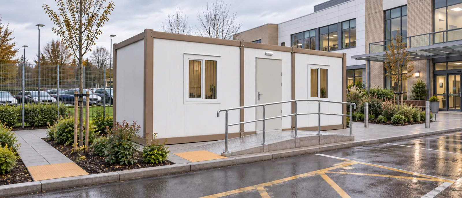 Portable consultation room with an accessible ramp beside a healthcare building